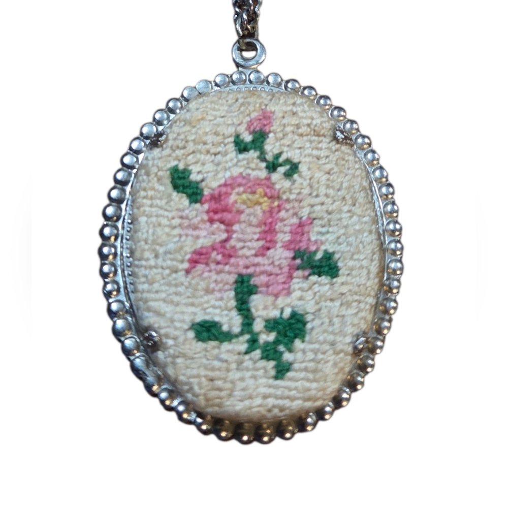 Vintage Petit Point Embroidery Pink Rose Flower & Greenery Silver Tone Pendant - Picture 1 of 8